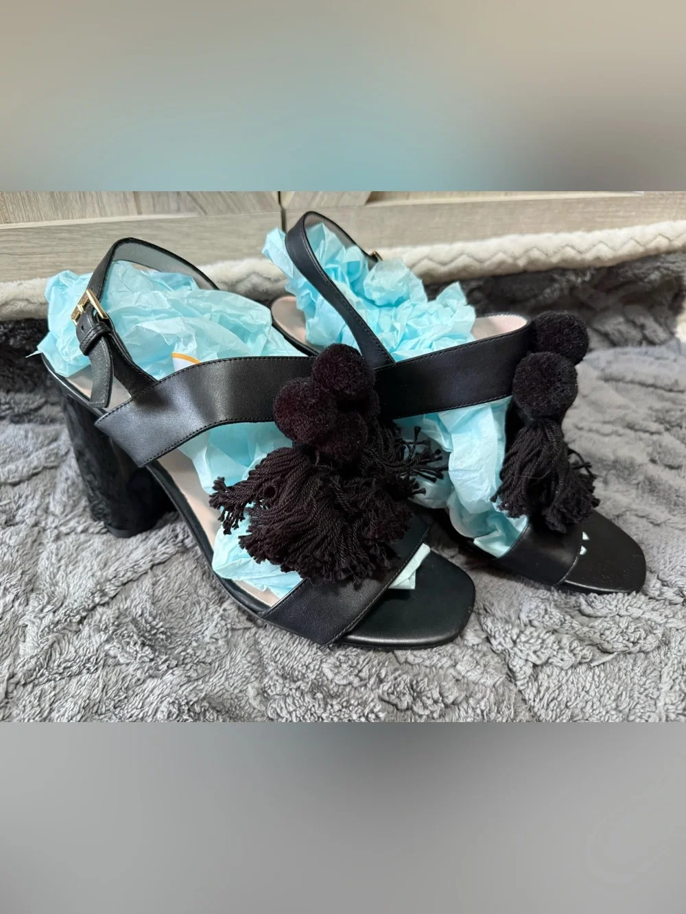 Kate Spade New York-Black leather boho tassel block sandals - “Central Too”(8)